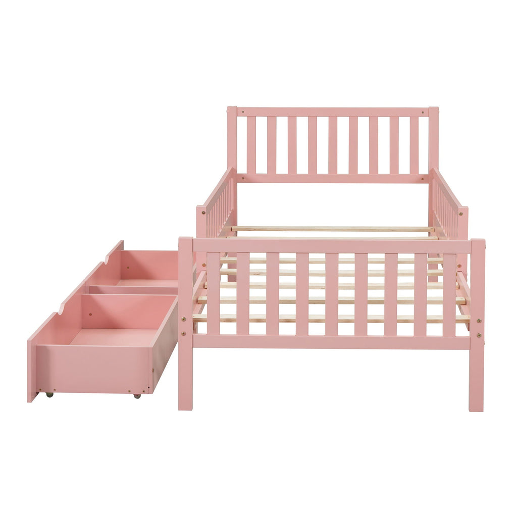 Platform Bed With Guardrails On Both Sides And 2 Storage Drawers