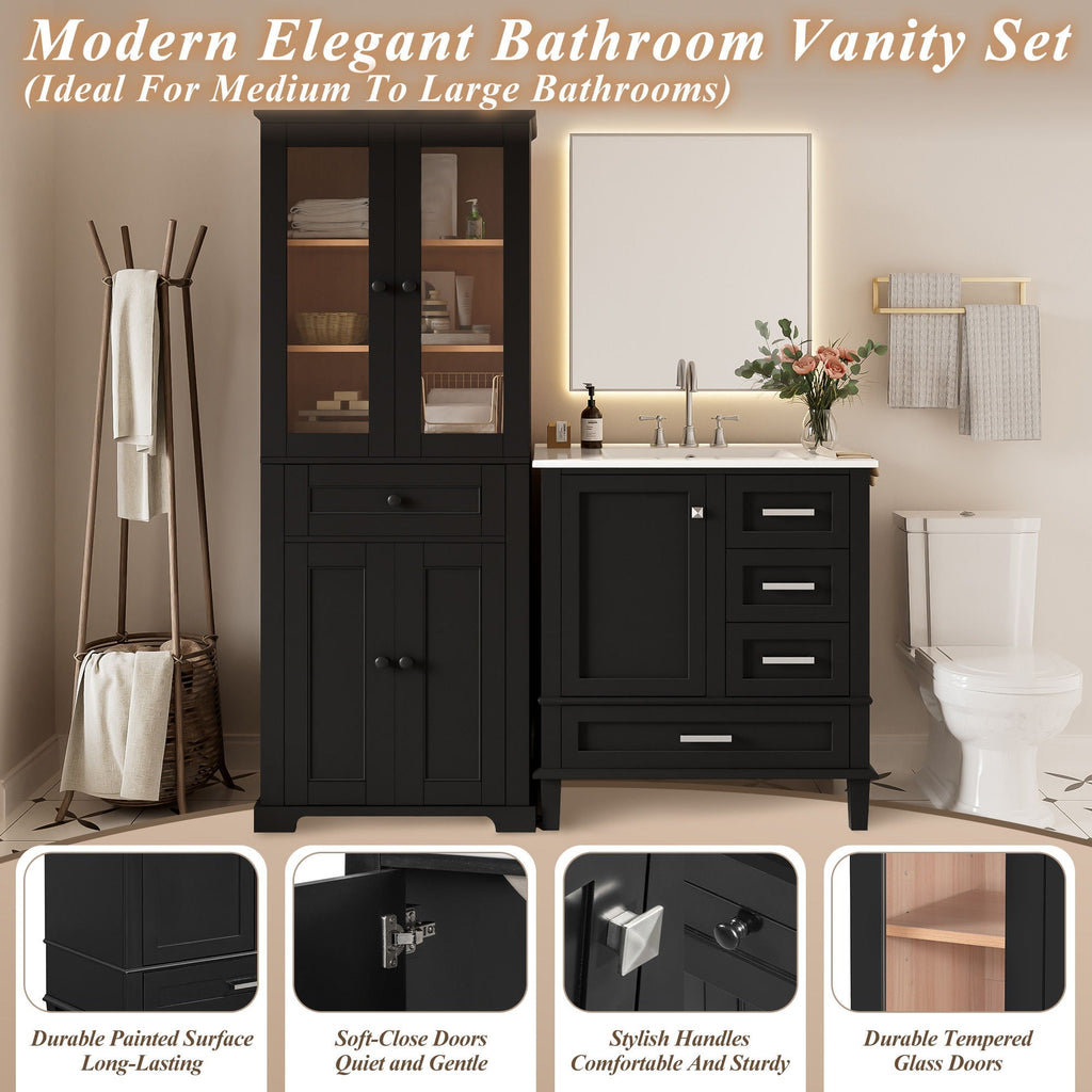 Bathroom Vanity & Tall Storage Cabinet Set With Doors, Adjustable Shelves, Soft Close Hinges, Sink