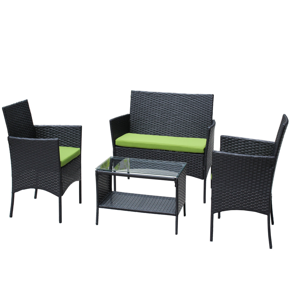 4 PC Rattan Patio Furniture Set Outdoor Cushioned Wicker Sofa Green Cushion