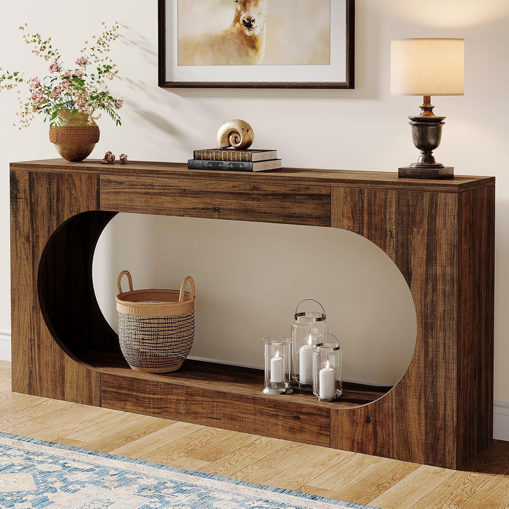 Narrow 2 Tier Console Table With Scalloped Edge For Living Hallway - Brown