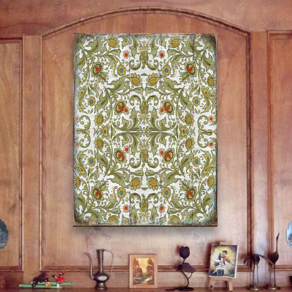 Gold and Green Floral Rustic Wooden Wall Art by G. DeBrekht - Floral Ornamental Decor - 95011B