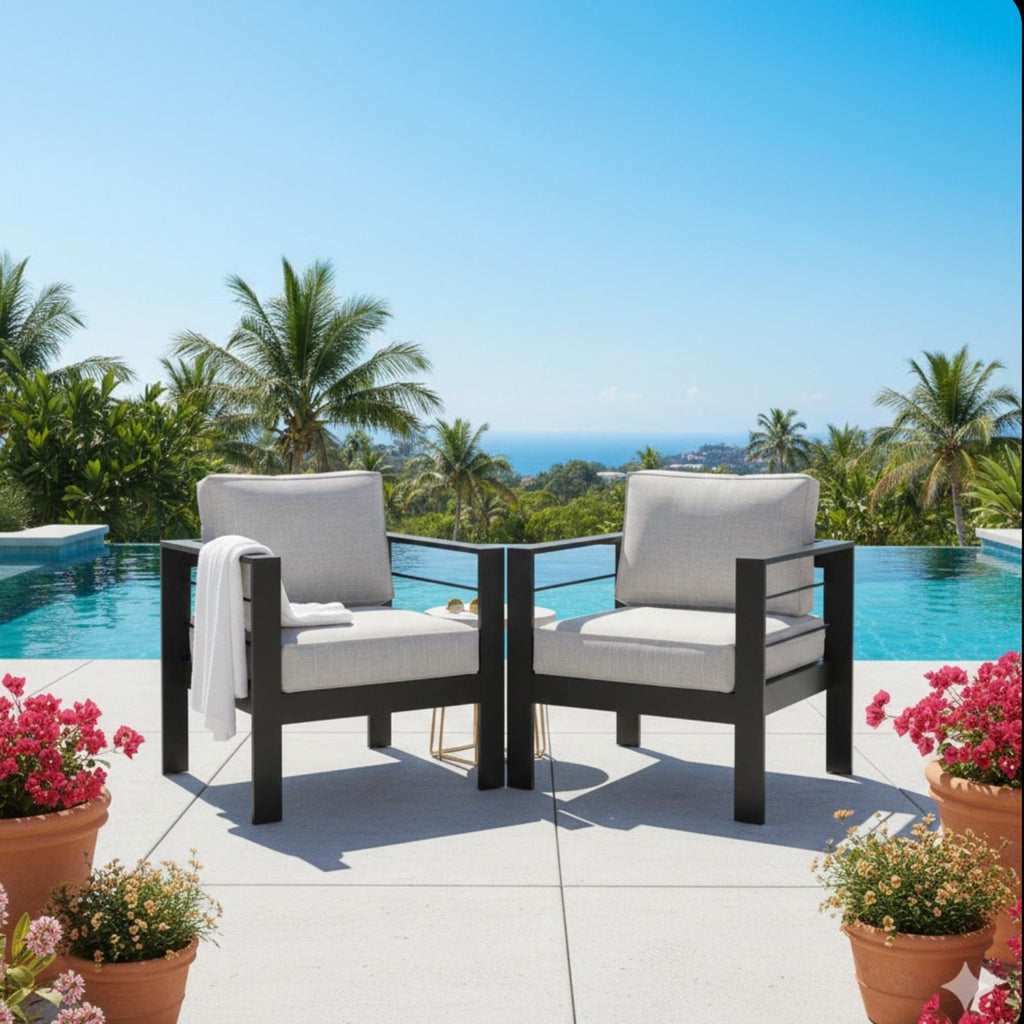 Modern All-Weather Patio Armchairs & Thick Cushions (Set of 2)