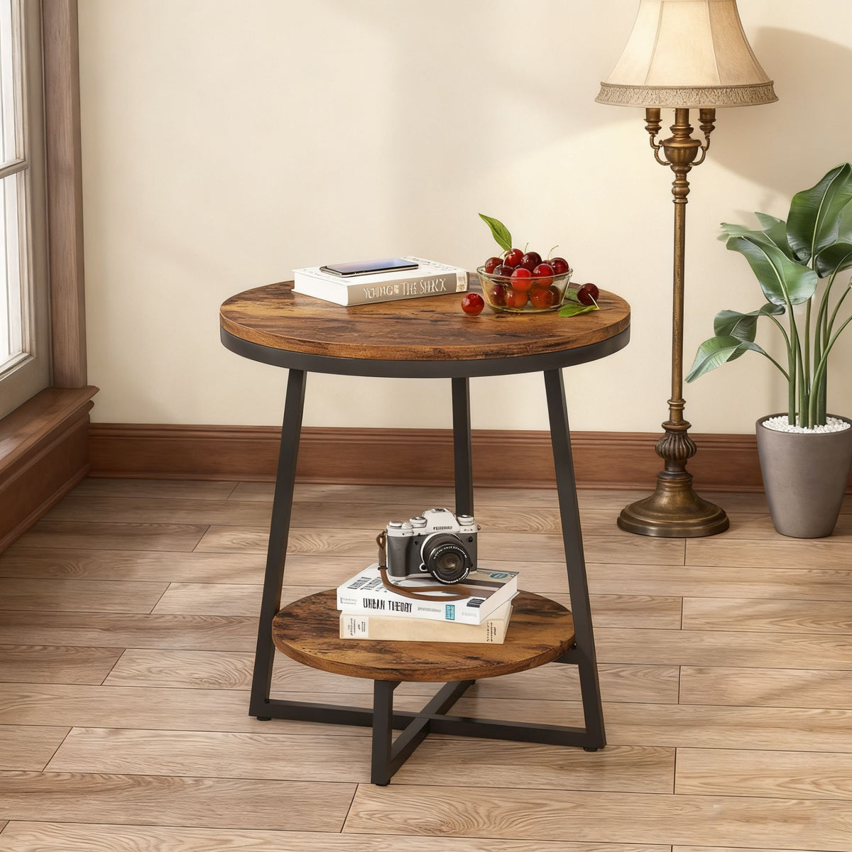 Round End Table With Hairpin Legs, 2 Tier For Living Room - Rustic Brown