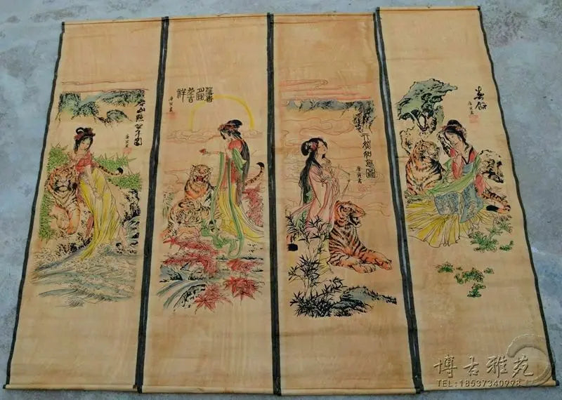 Chinese Four-Panel Calligraphy & Painting Scroll Set – Wall Hanging