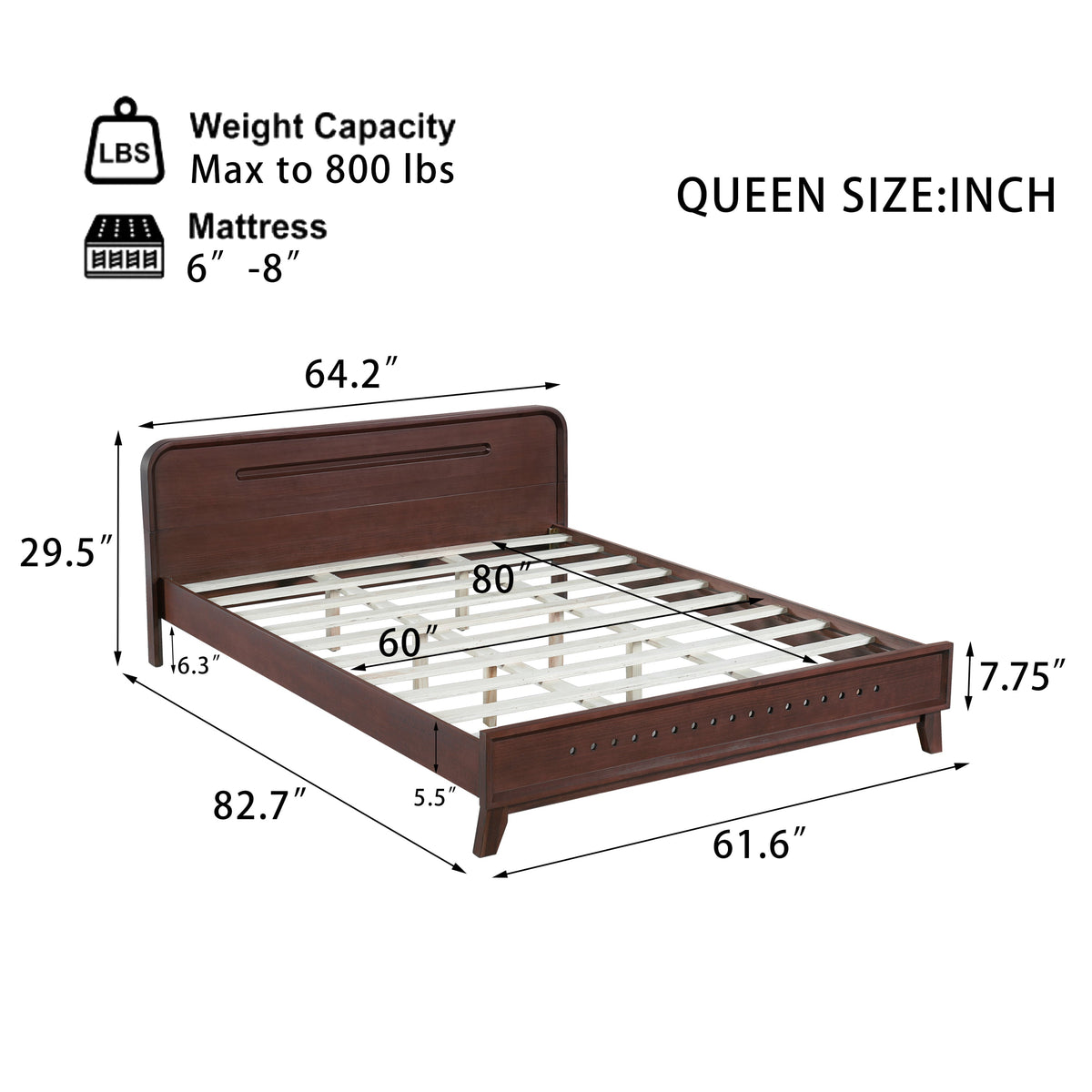 Pine Solid Wood Queen Size Bed, Dark Walnut