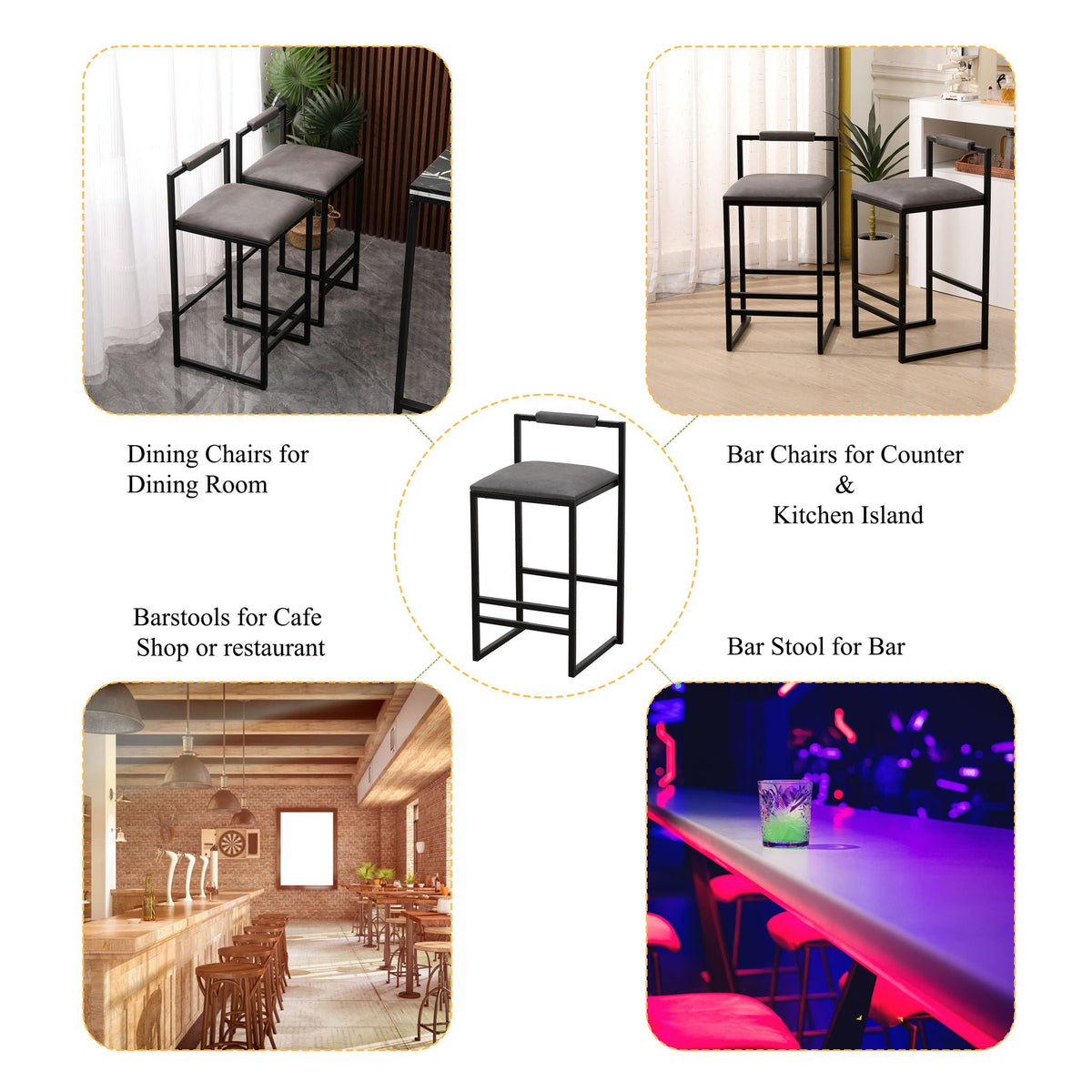 Elegant Bar Stool Set With Backrest And Footrest, Counter Height (Set of 2)
