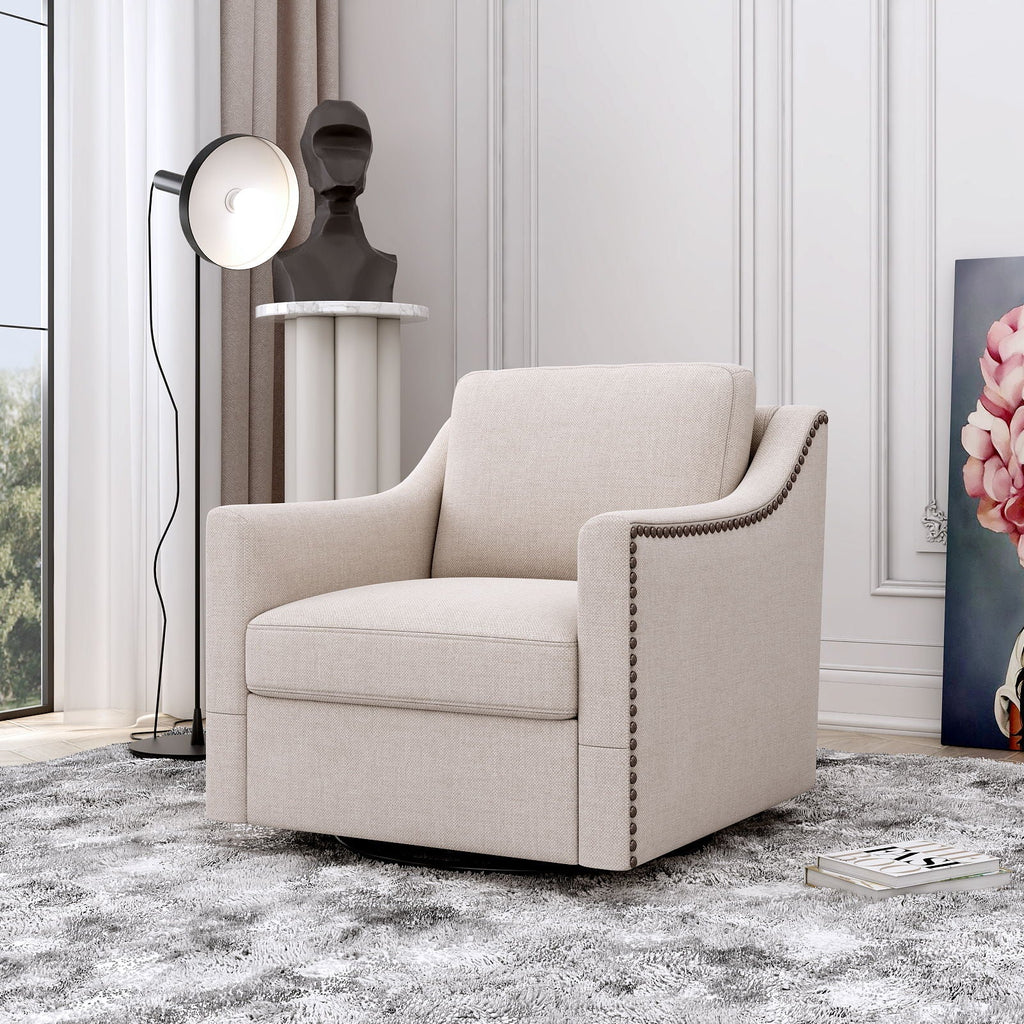 360 Degree Swivel Armchair, Skin Friendly Fabric, Ergonomic Design, Brass Nail Decorative Armchair