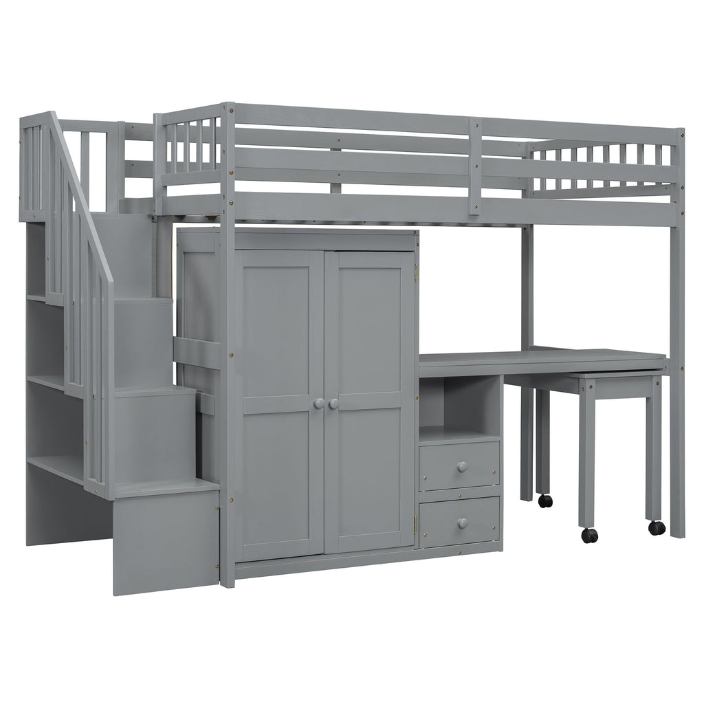 Loft Bed With Stairs, Bookshelf, Drawers, Desk & Wardrobe, Space Saving Multifunctional Furniture
