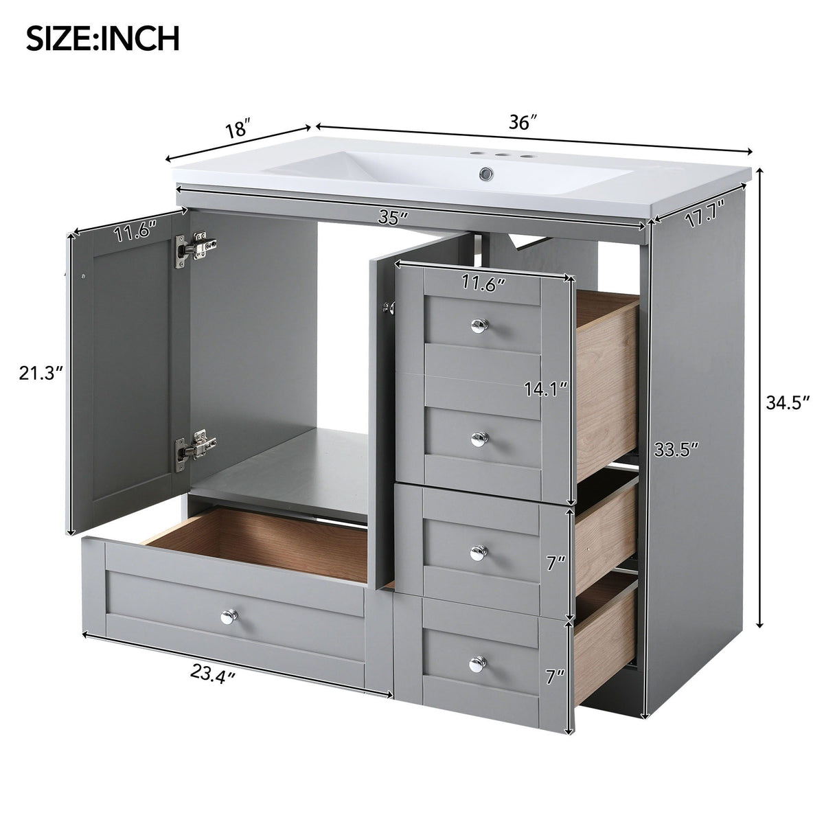 Shaker Free Standing Bathroom Vanity Cabinet With Sink, Soft Close Drawers, Soft Close Doors
