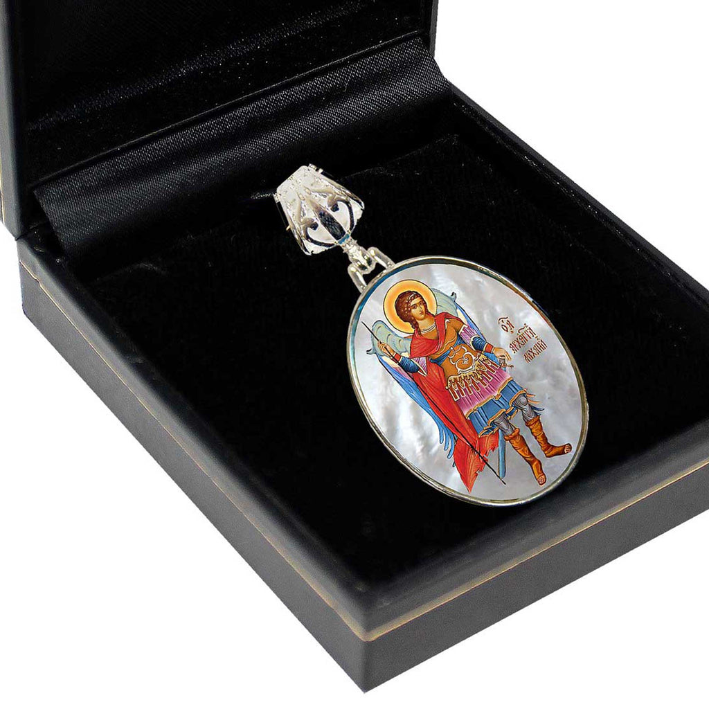 Saint Michael the Archangel Silver Plated Mother of Pearl Necklace - 43022
