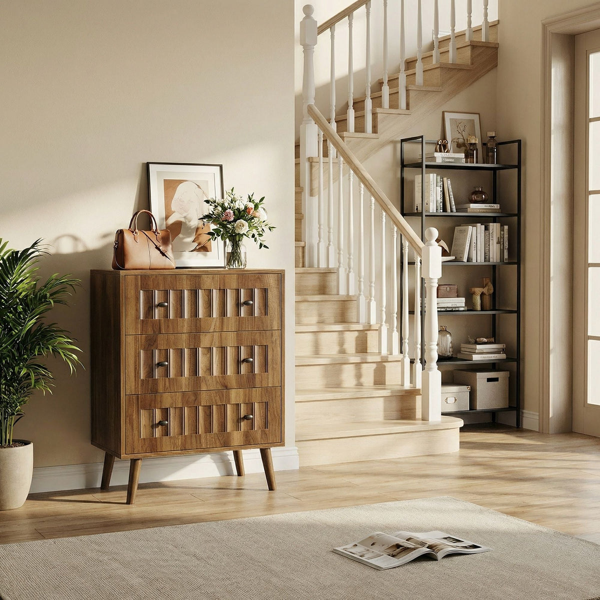 3 Drawer Dresser, Storage Cabinet With Vertical Grooves For Bedroom - Walnut