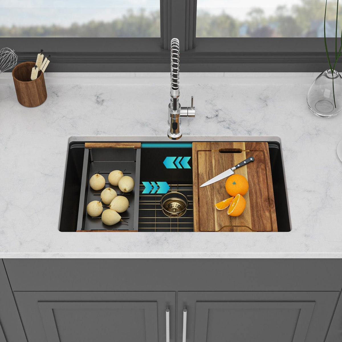 Quartz Composite Kitchen Sink With Undermount Design, Durable Single Bowl Workstation