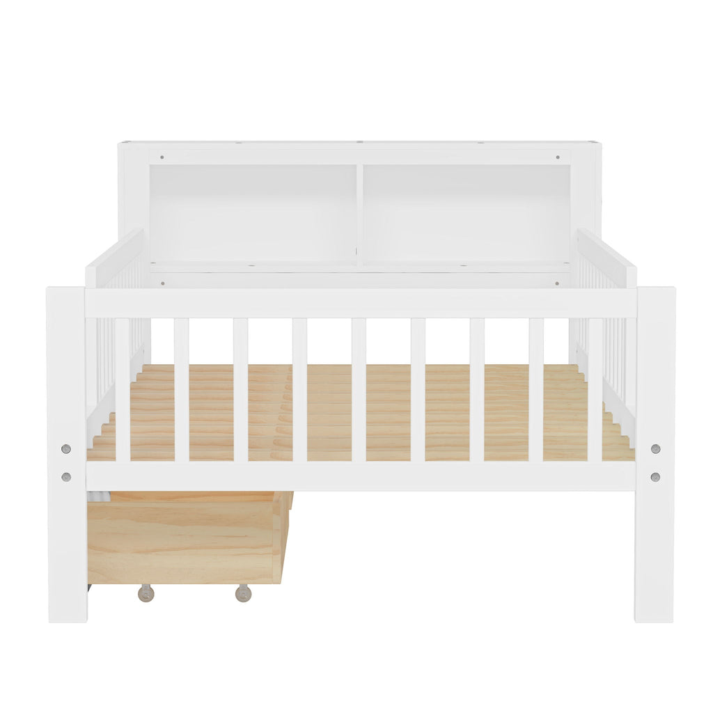 Bed With Headboard Storage Rack, 2 Under Bed Drawers, 3 Side Guardrails For Safety