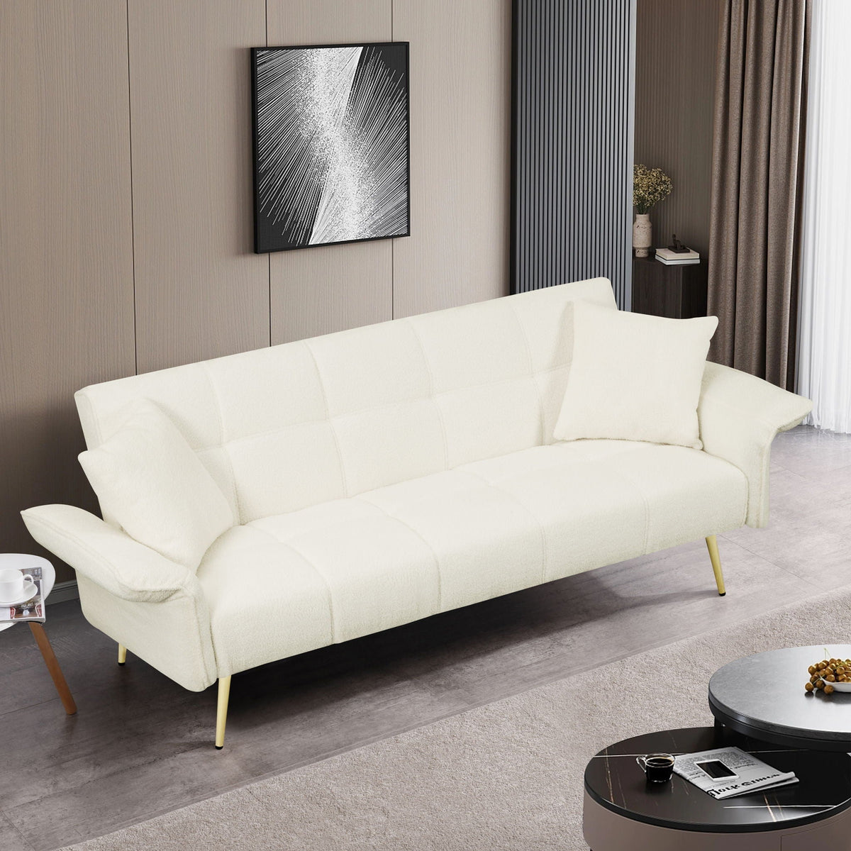 Convertible Double Futon Sofa Bed With Folding Armrests For Living Rooms