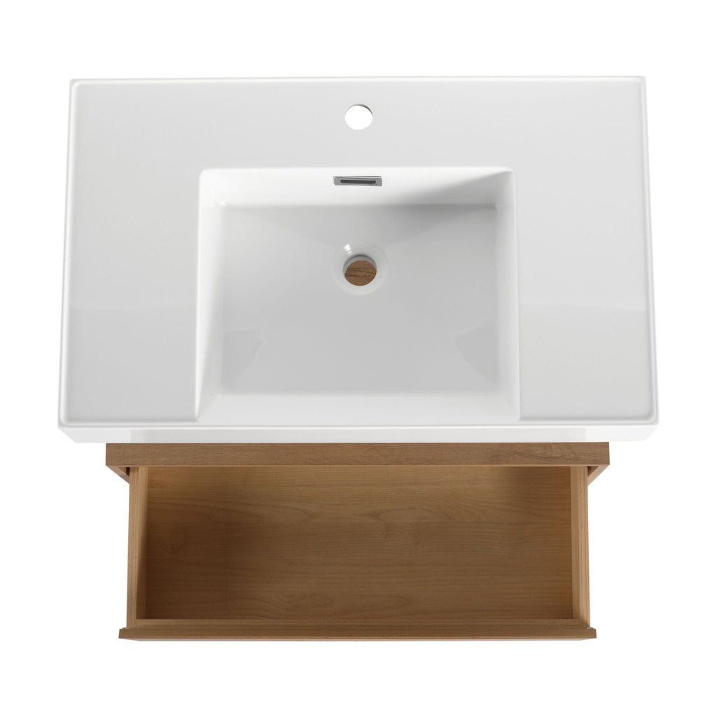 Modern Wall Mounted 30 Inch Bathroom Vanity With Resin Sink And 2 Side Cabinet In Imitative - Imitative Oak