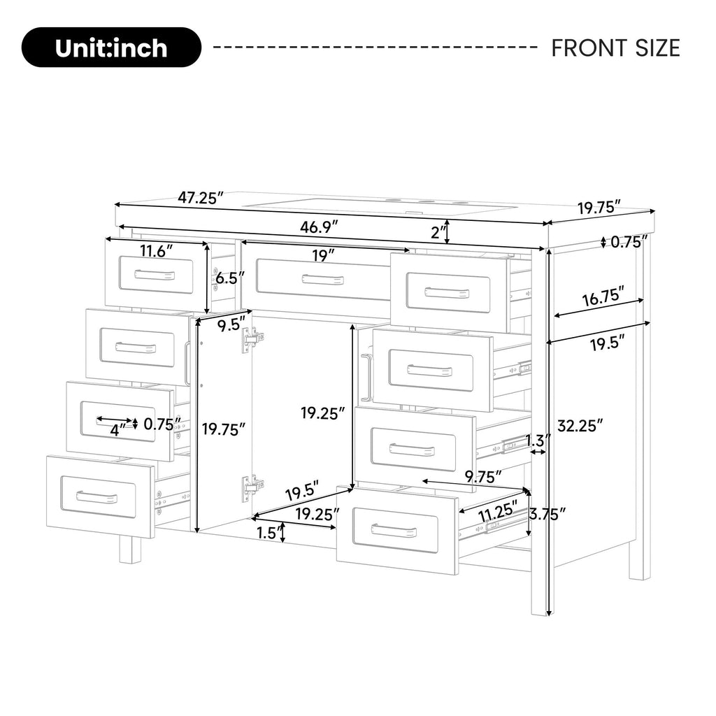 Bathroom Vanity Cabinet with 2 Soft Close Doors and 8 Drawers