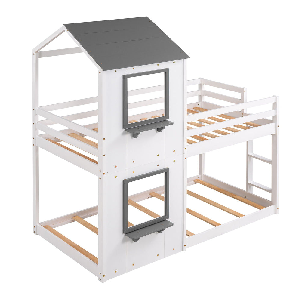 Bunk Bed Wood Bed & Roof, Window, Guardrail, Ladder