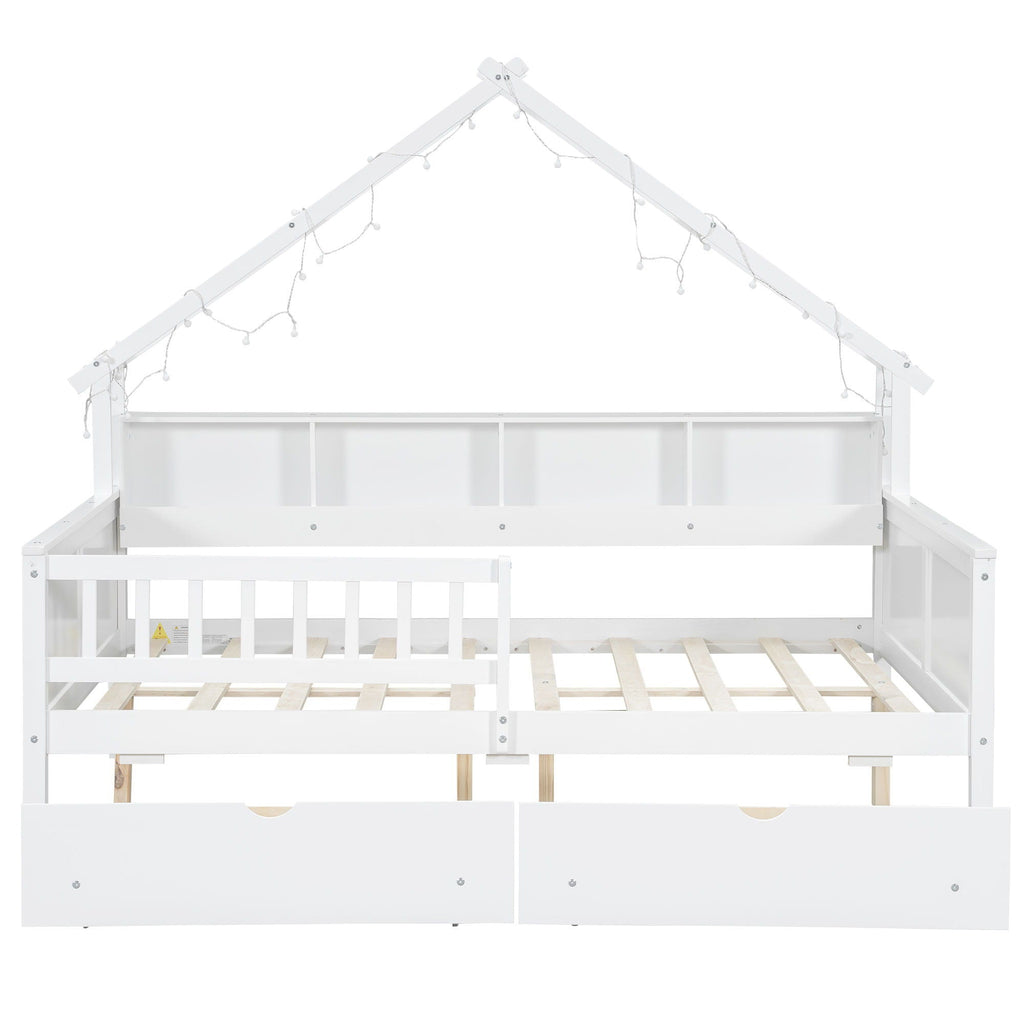House Style Platform Bed With LED Lights, Storage Shelves, Drawers, And Guardrail