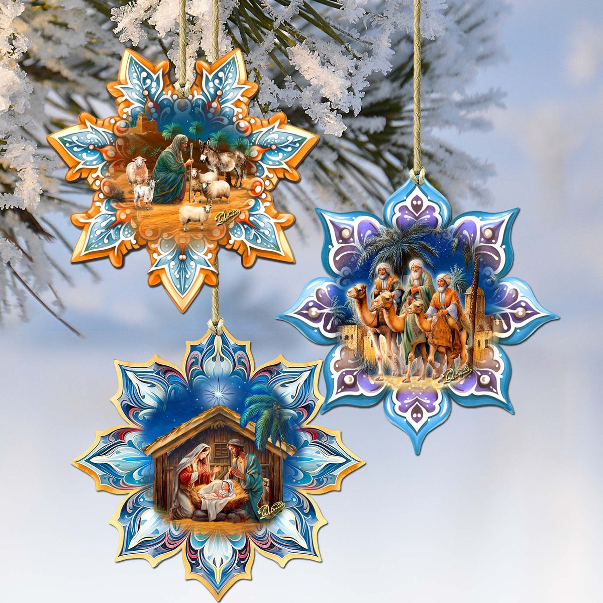 Nativity Snowflake Eco Wood Ornaments Set of 3 by G. Debrekht - Nativity Holiday Decor - 8090153-S3