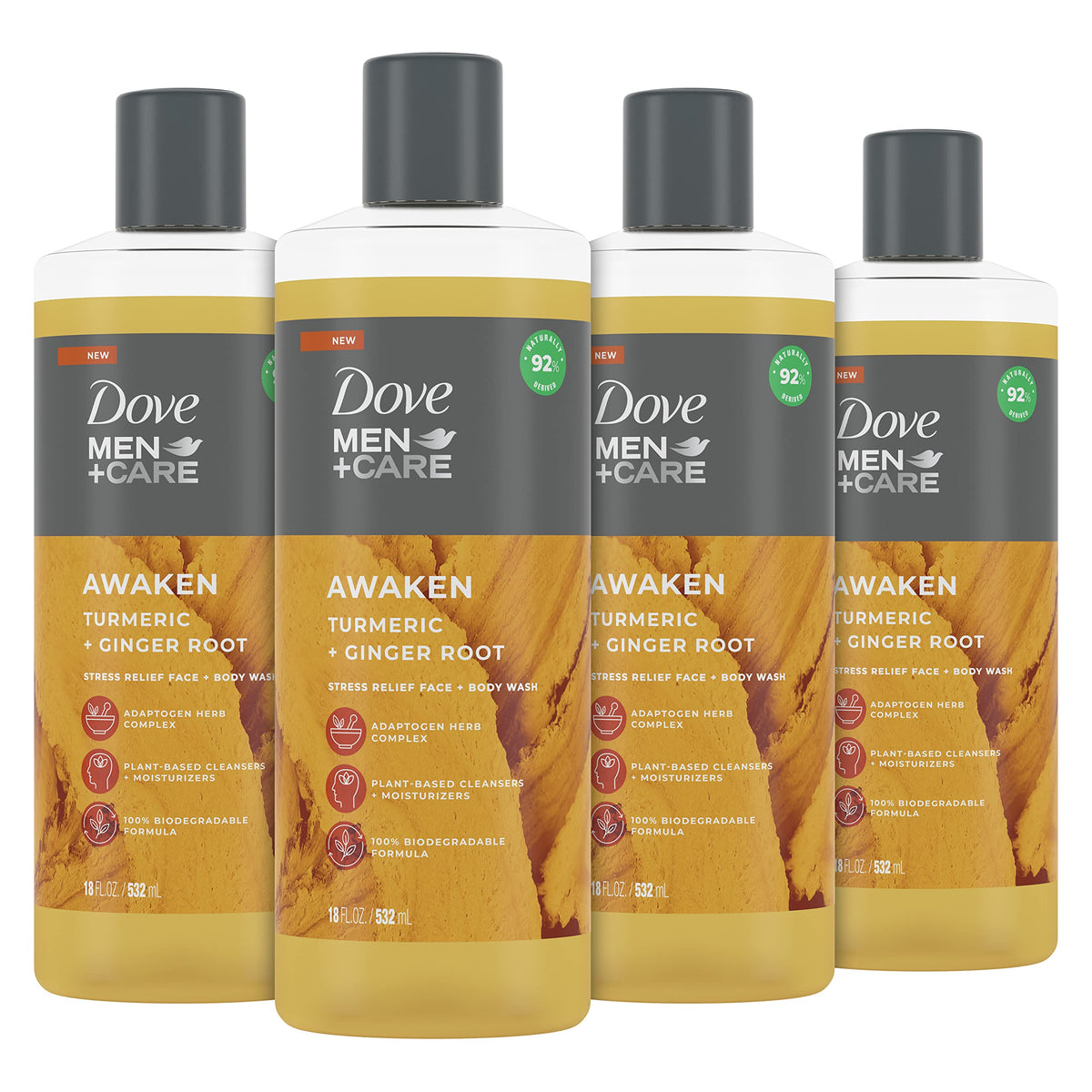 DOVE MEN + CARE Face + Body Wash For Men Awaken Turmeric + Ginger Root 18 oz 4 Count