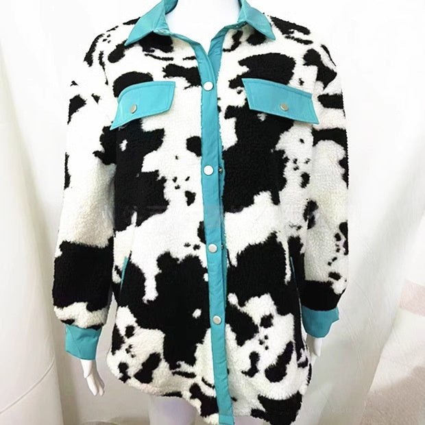 Euro-American AutumnWinter Lapel Shirt Warm Loose Contrasting Color Patchwork Long-Sleeve Coat