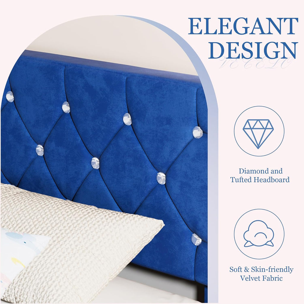 Twin Size Bed Frame, Upholstered Platform with Adjustable Diamond Tufted Headboard, Wood Slat Support, No Box Spring Needed, Navy Blue