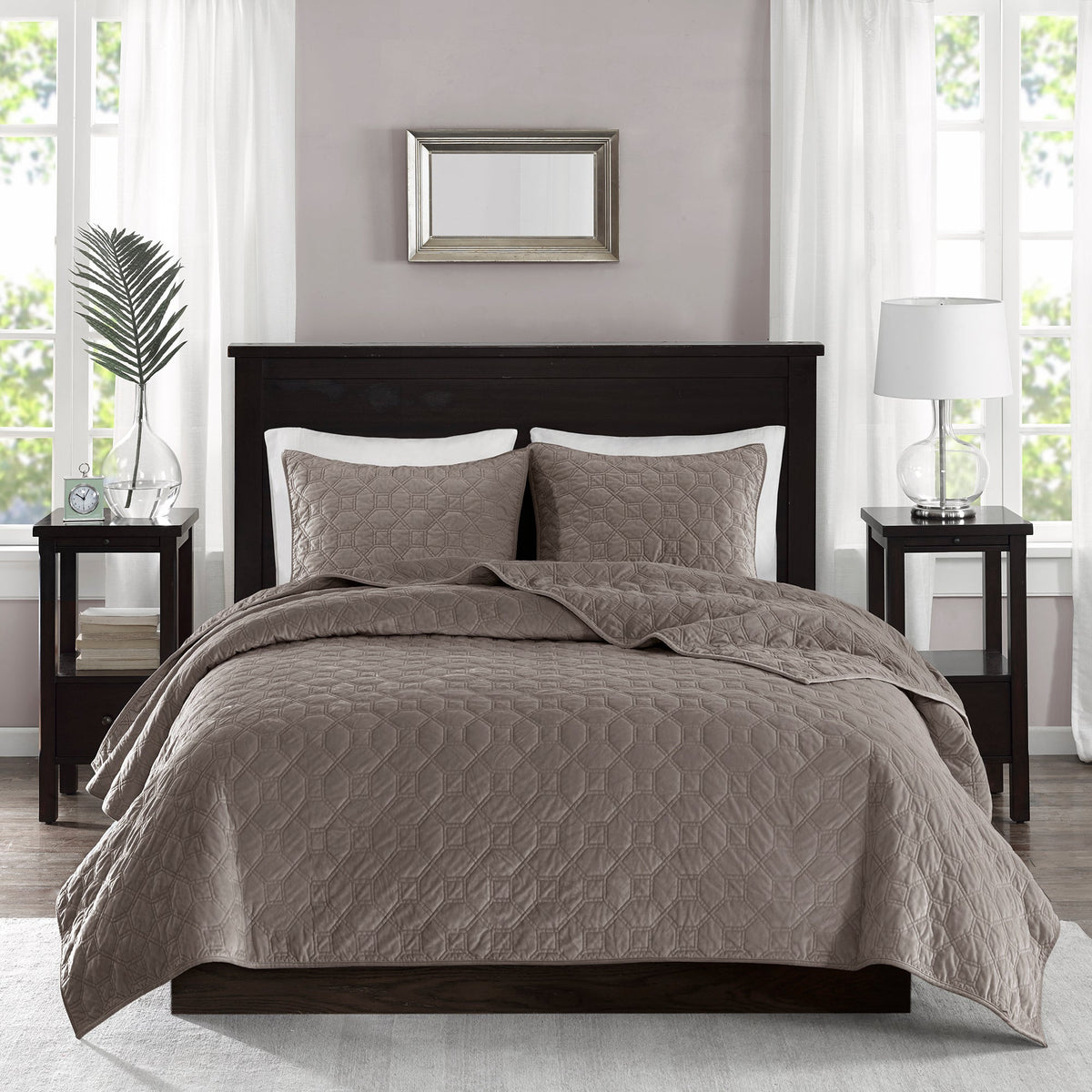 3 Piece Velvet Quilt Set Taupe Full/Queen
