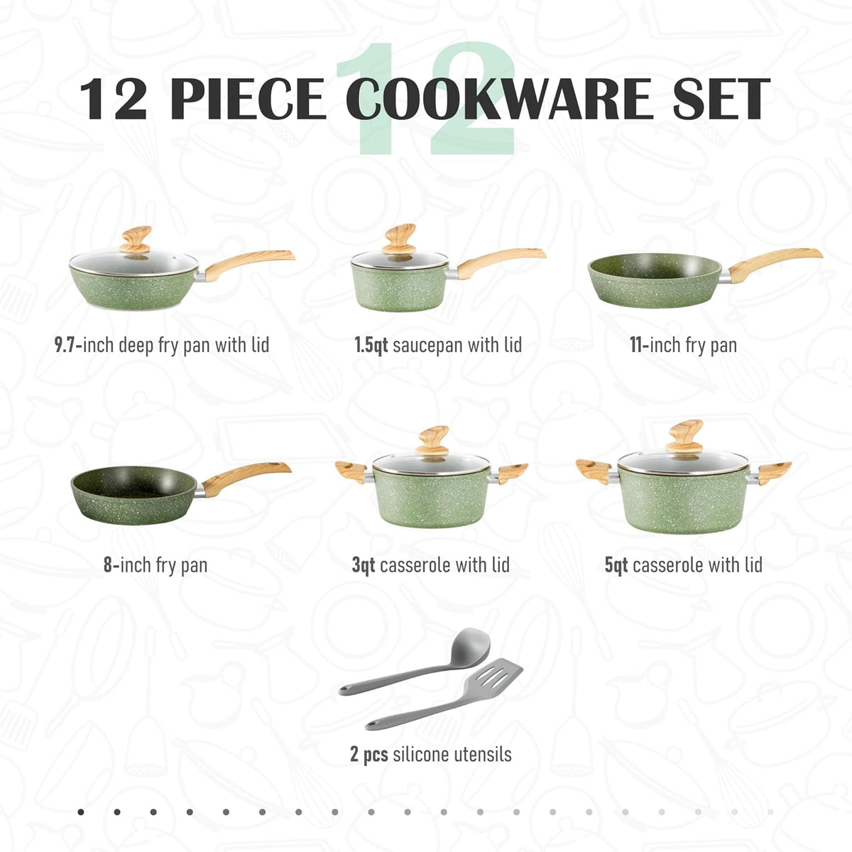 Pots and Pans Set Non Stick, 12 Piece Green Granite Kitchen Cookware Induction Compatible, Cooking Sets Pots and Pans Nonstick