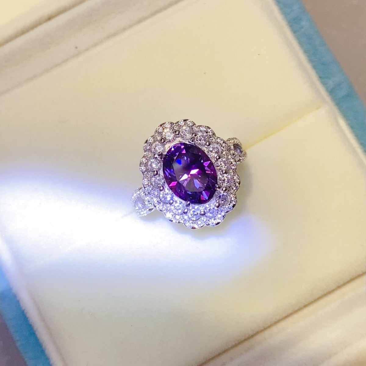 2 Carat Purple Oval-Cut Purple Oval-Cut Sparkala™ Pure Sterling Silver Halo Ring