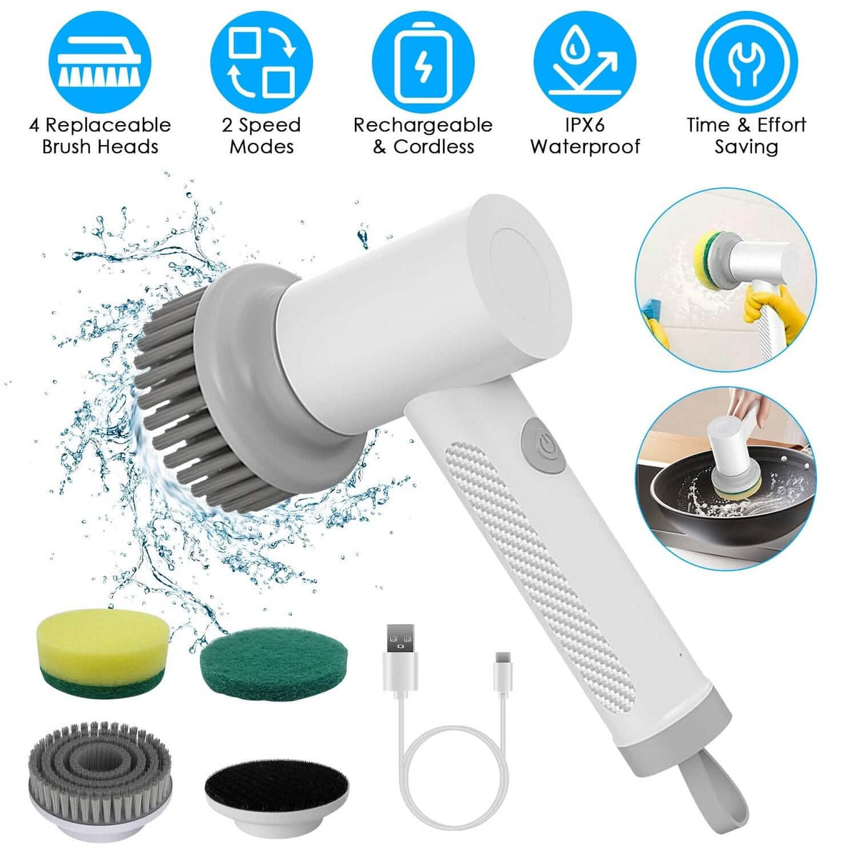 Electric Handheld Spin Scrubber Cordless Cleaning Brush with 2 Rotating Speeds