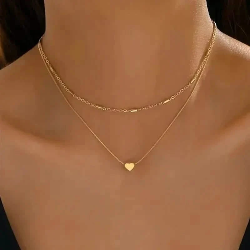 Elegant Simple Double Layer Choker Necklace with Heart Pendant
