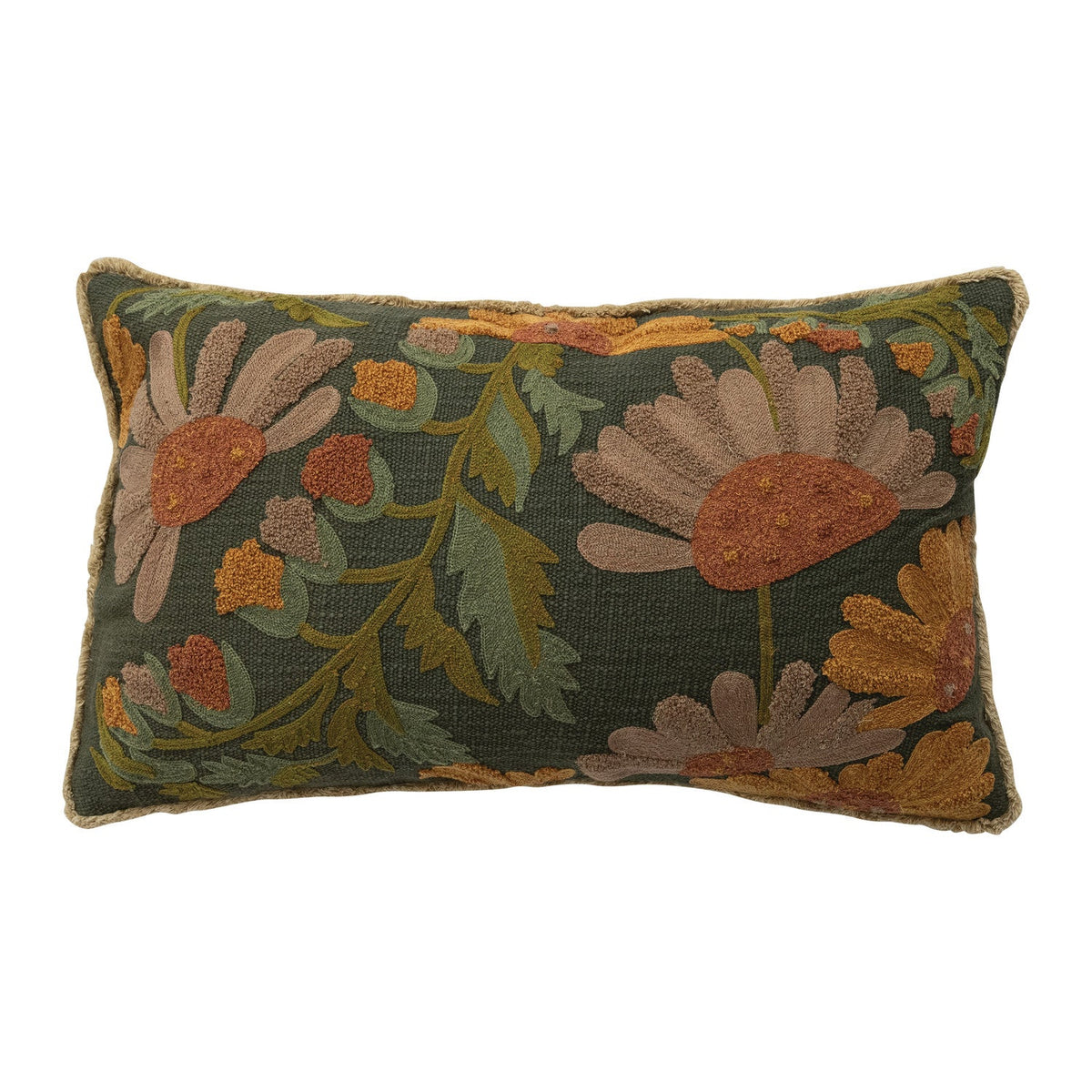 Embroidered Autumn Floral Cotton Slub Pillow with Fringe
