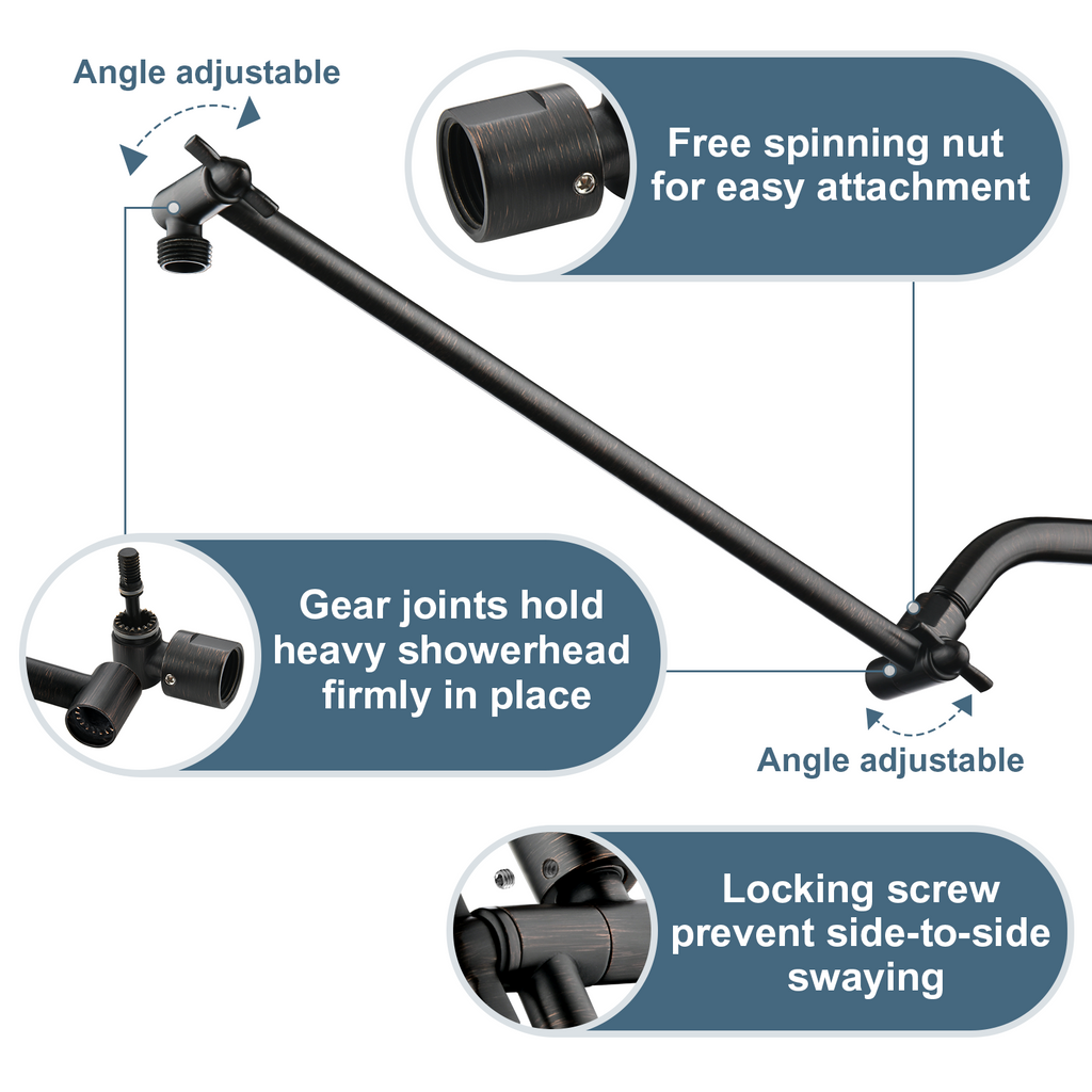 15 Inch Solid Brass Shower Head Extension Arm, Height & Angle Adjustable