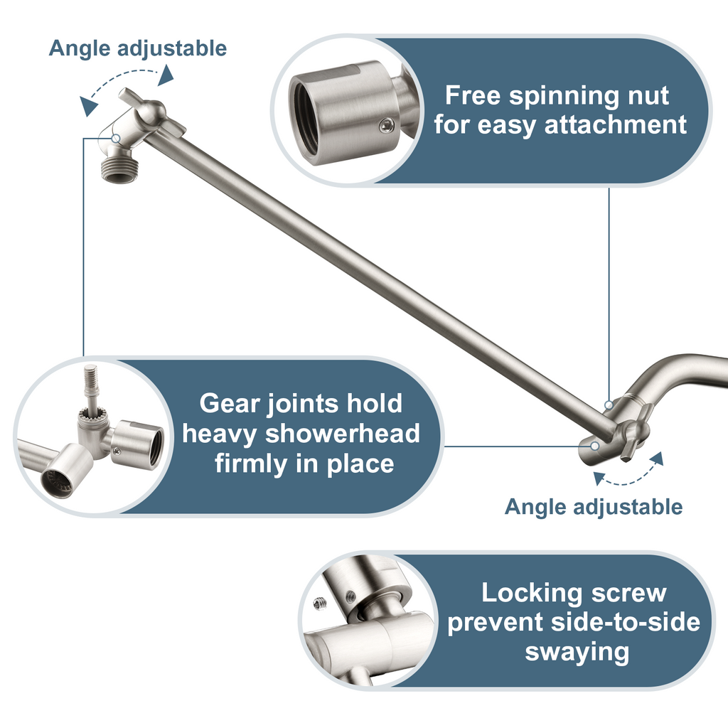 15 Inch Solid Brass Shower Head Extension Arm, Height & Angle Adjustable