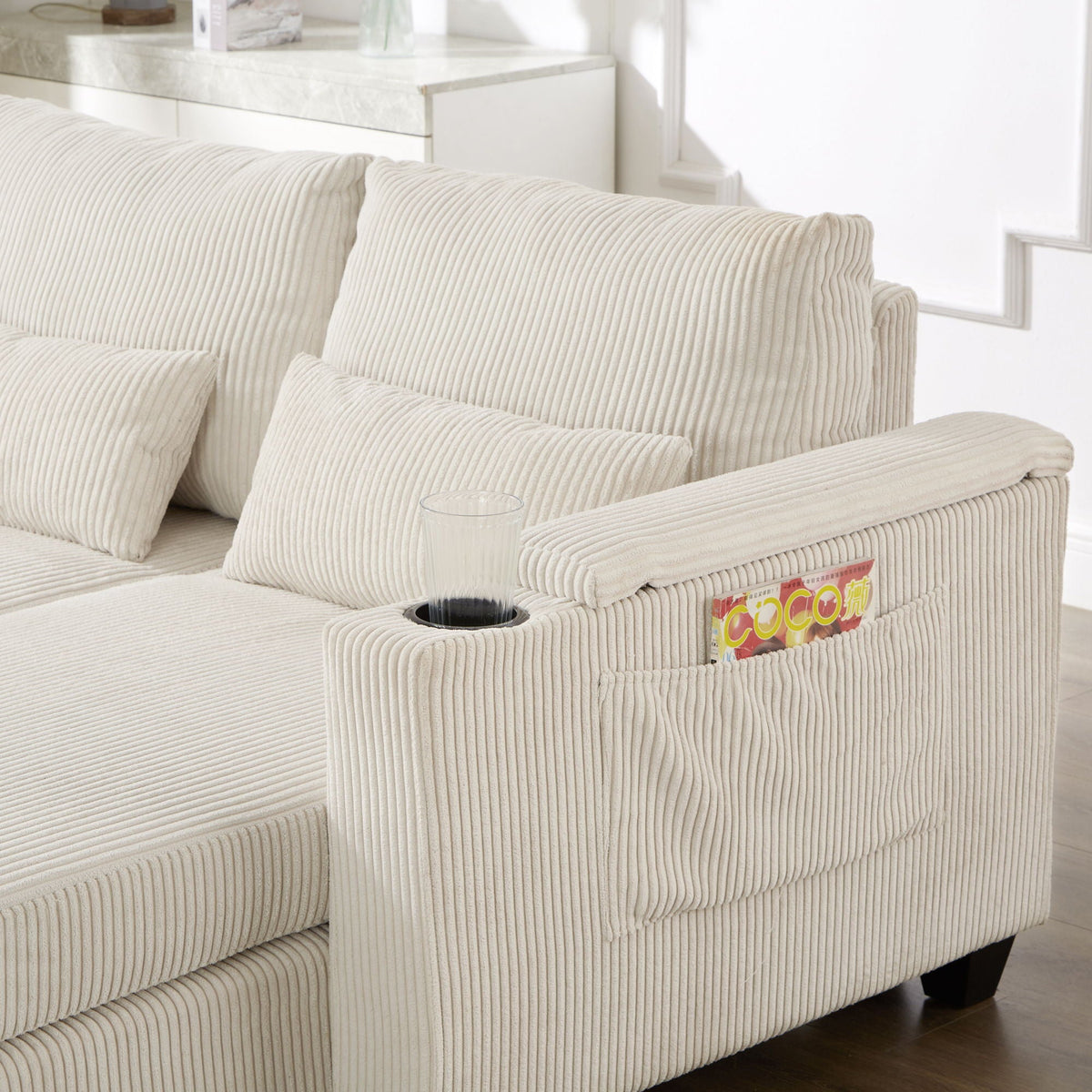 Convertible Chaise Lounge Sofa Chair With USB Ports, Cup Holders, Phone Holder And Storage