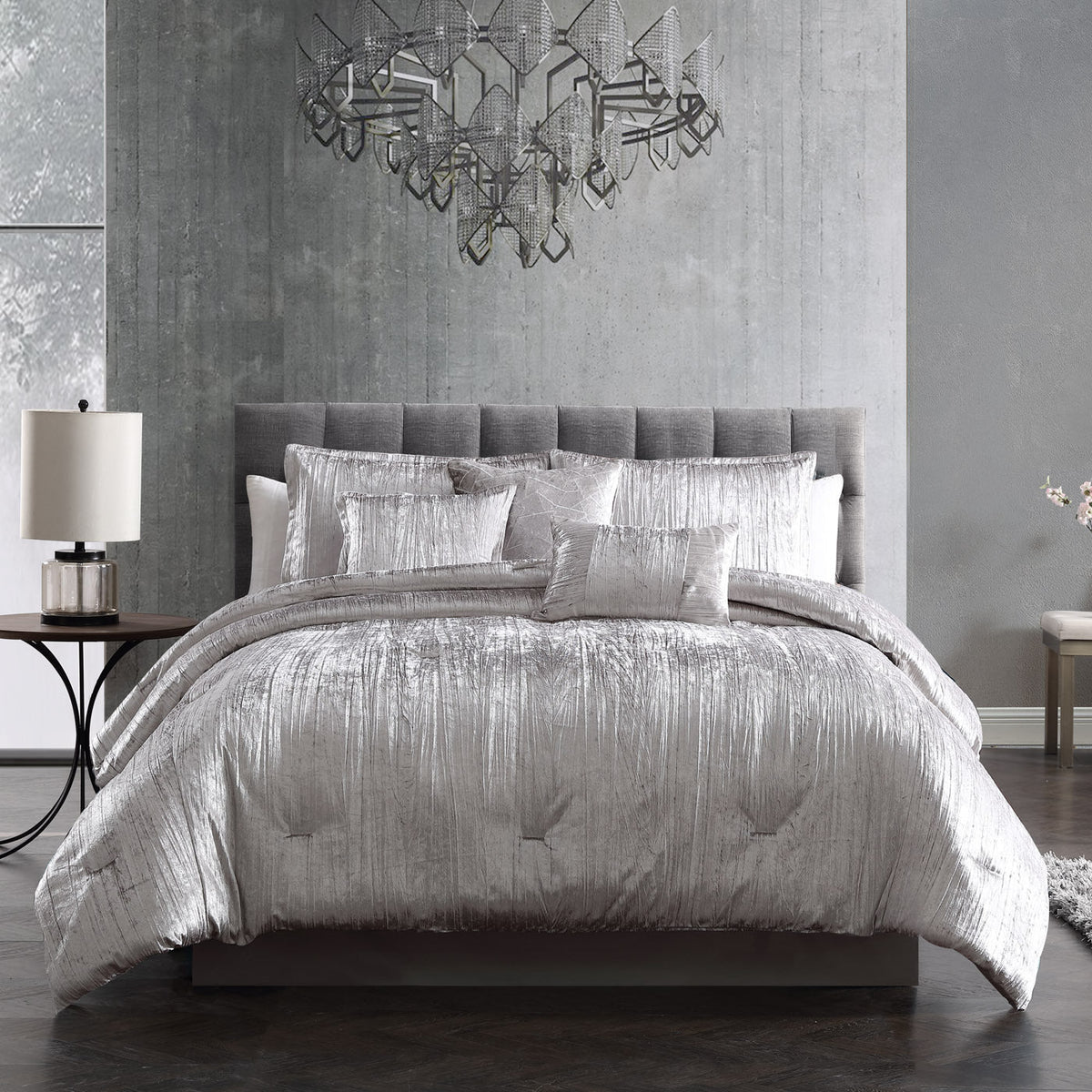 Turin Silver Crinkle Velvet 7PC Bedding Set