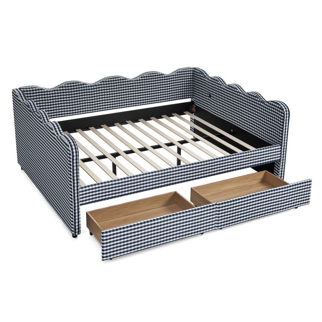 Queen Size Cozy Gingham Daybed with Two Storage Drawers and USB Port