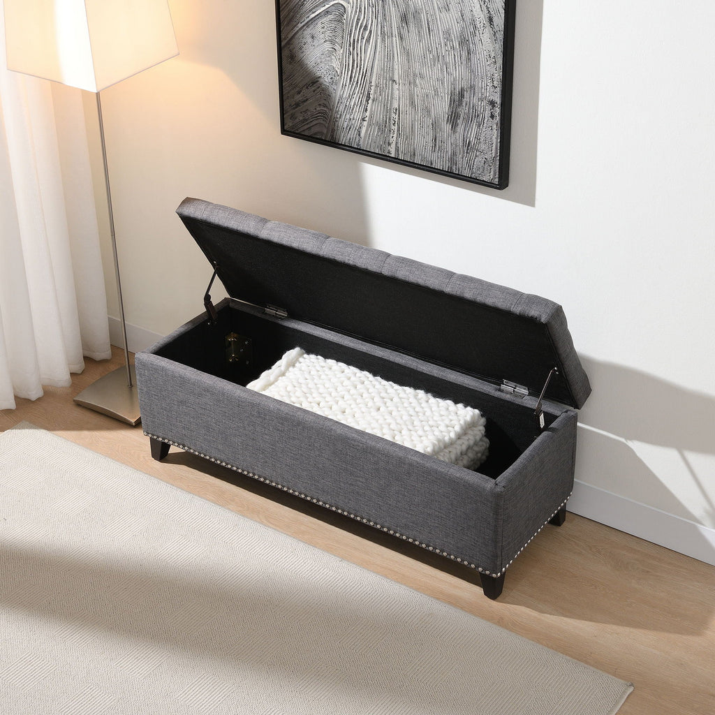 Button-Tufted Storage Ottoman With Safety Close Hinge