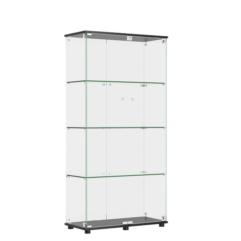 Modern Glass Display Cabinet With 4 Shelf Double Doors And Lock, Tempered Glass Bookshelf For Living Room - Black