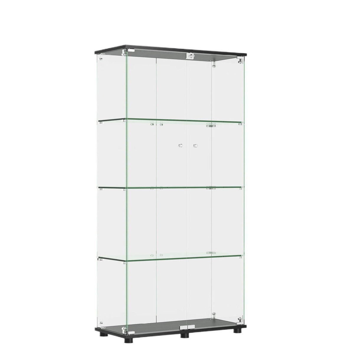 Modern Glass Display Cabinet With 4 Shelf Double Doors And Lock, Tempered Glass Bookshelf For Living Room - Black