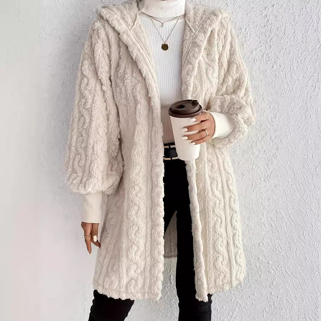 Women's Hooded Plush Long Coat – Double-Sided Fleece Cardigan with Thread Cuffs