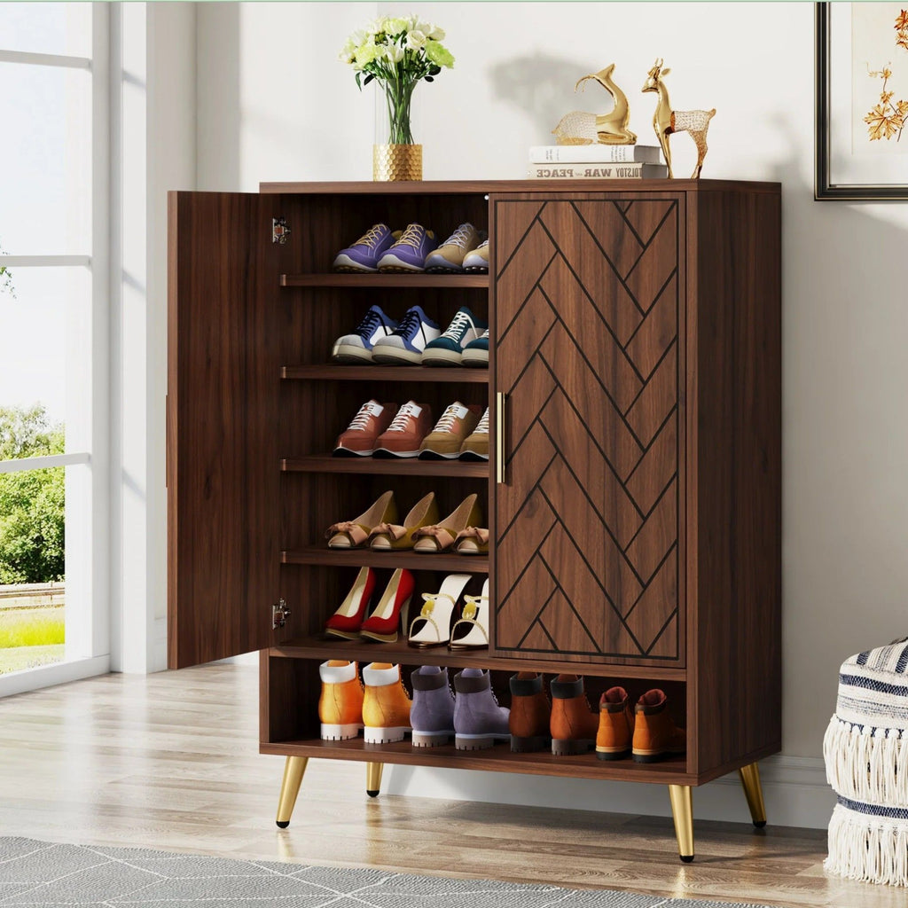 6 Tier Wooden Entryway Shoe Cabinet, Wide Storage Unit For 24 Pairs Of Shoes - Walnut