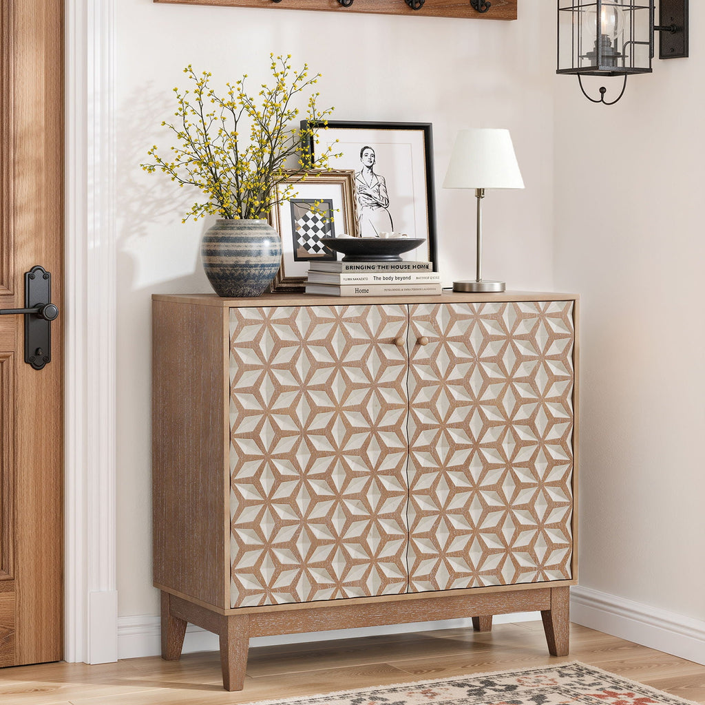 Geometric Design Sideboard With 2 Doors And Adjustable Shelves - Tangerine / Walnut