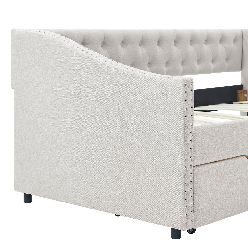 Upholstered Tufted Daybed With 2 Drawers, Waved Arms