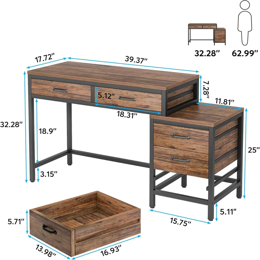Computer Desk With Reversible 5 Drawer Storage, Frame Writing Table For Small Spaces