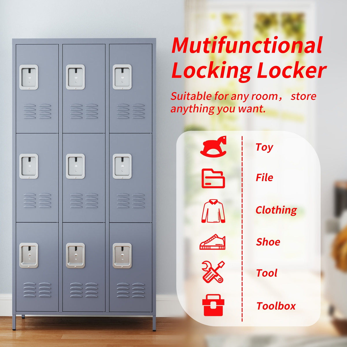 9 Door Lockers With Lock For Storage In Office, School, Gym, And Bedroom - Gray