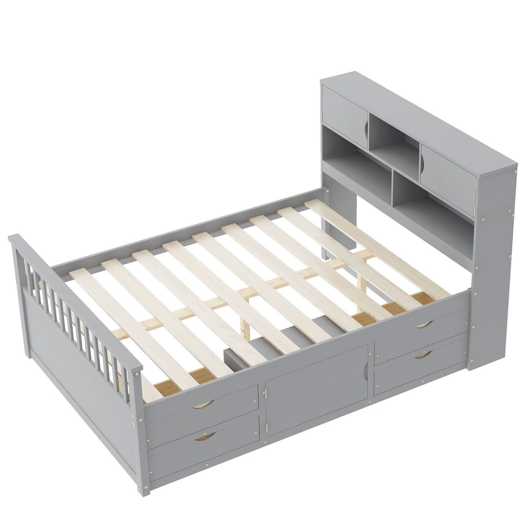 Captain Platform Bed Frame With Bookcase Headboard, 4 Drawers, Storage Shelves