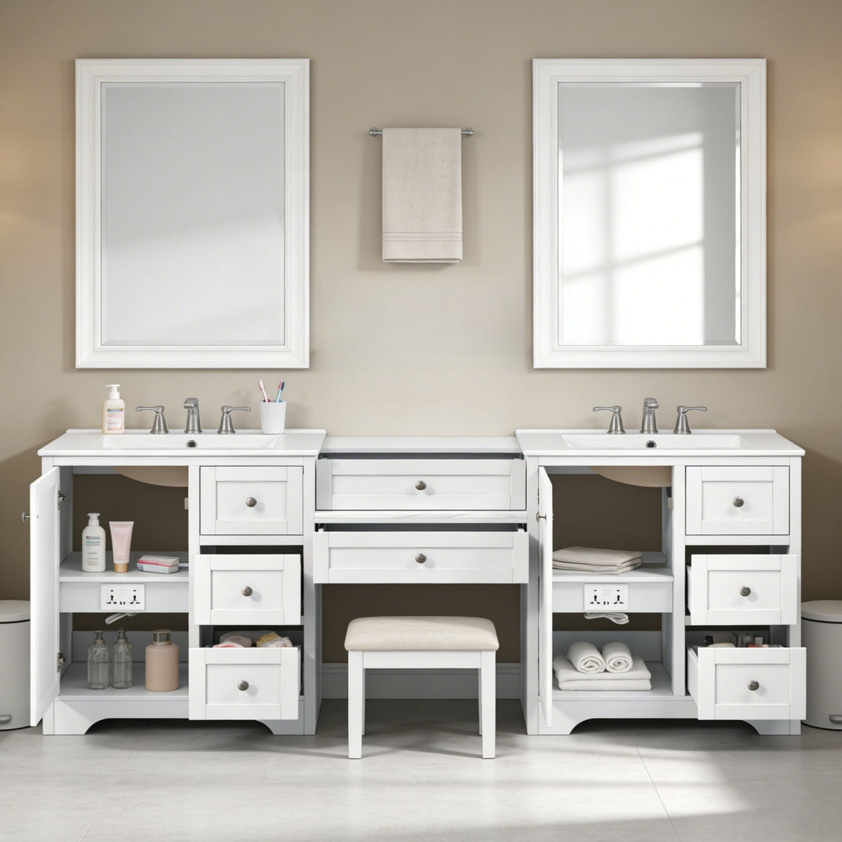 Double Sink Bathroom Vanity With Countertop, 2 Ceramic Sinks, 6 Drawers