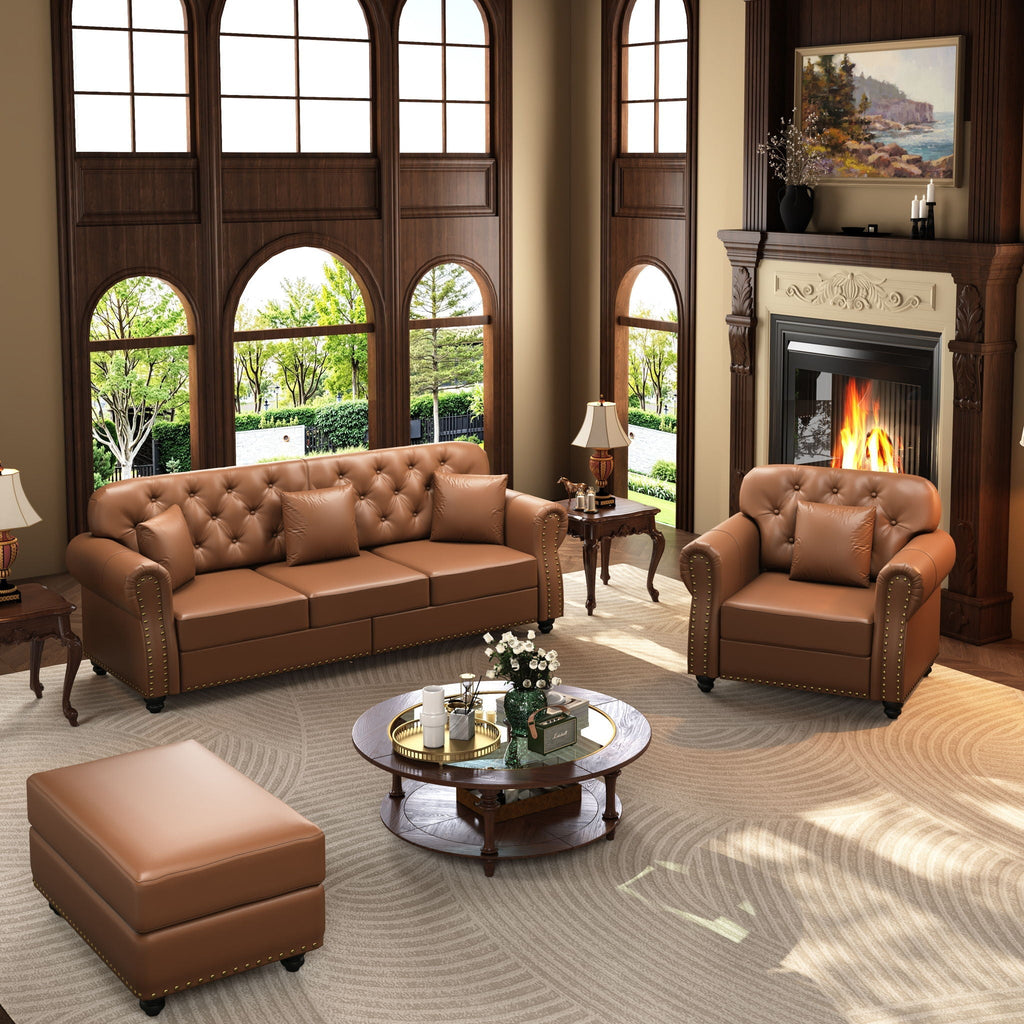 Upholstered Sofa With Nailhead Trim, Rolled Armrests With Ottoman