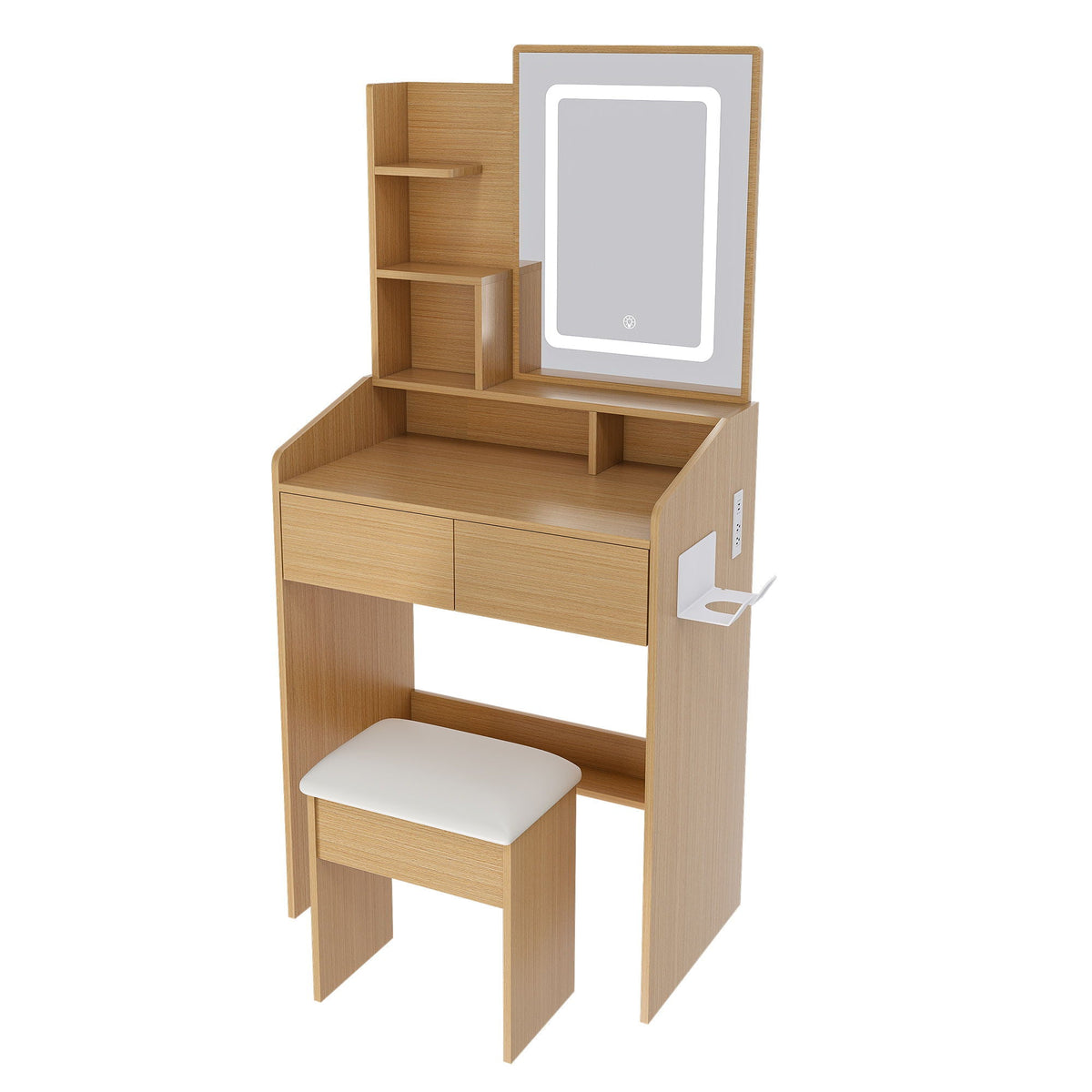 Vanity Table With LED Mirror, Power Outlet, Hairdryer Holder & Padded Stool
